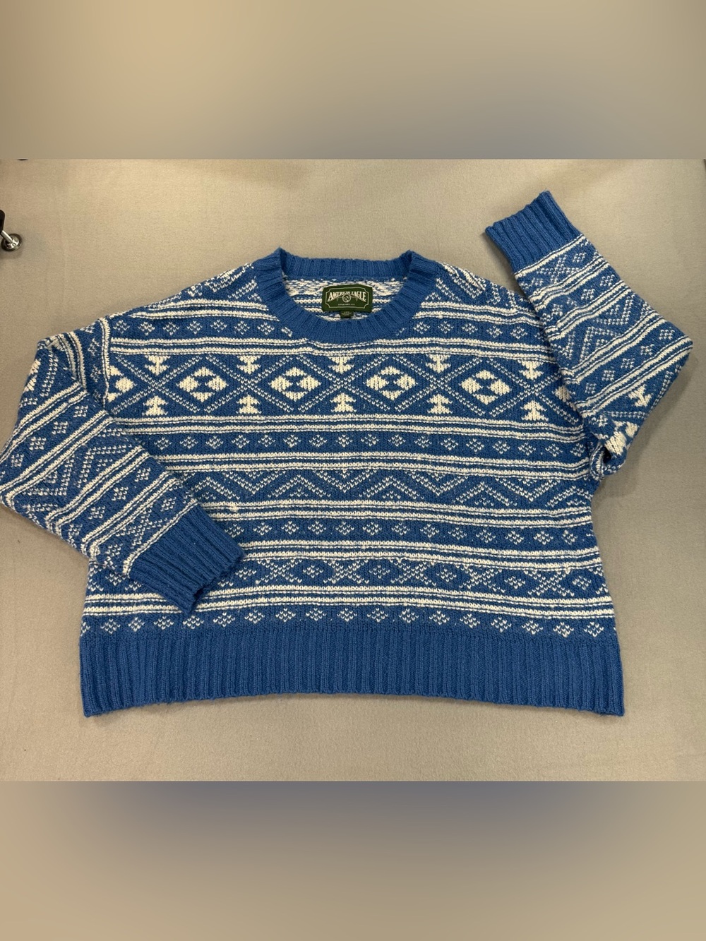 American Eagle Blue Patterned Crewneck Sweater - Classic Fair Isle Style - Picture 2 of 7